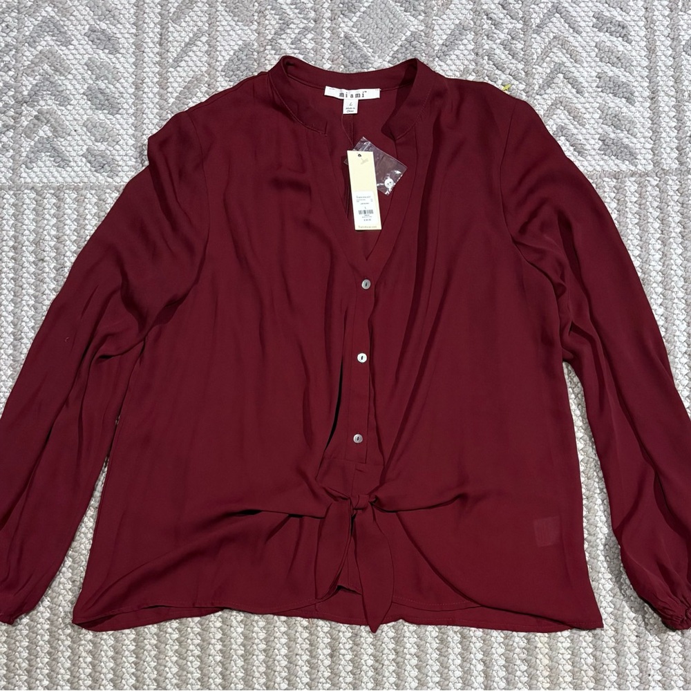 Red Button Down Long Sleeve Top with Tie Front